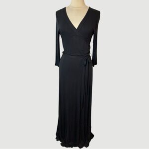 TUA Black Long-Sleeve Surplice Neckline Stretch Knit Maxi Dress Tie Belt, Large